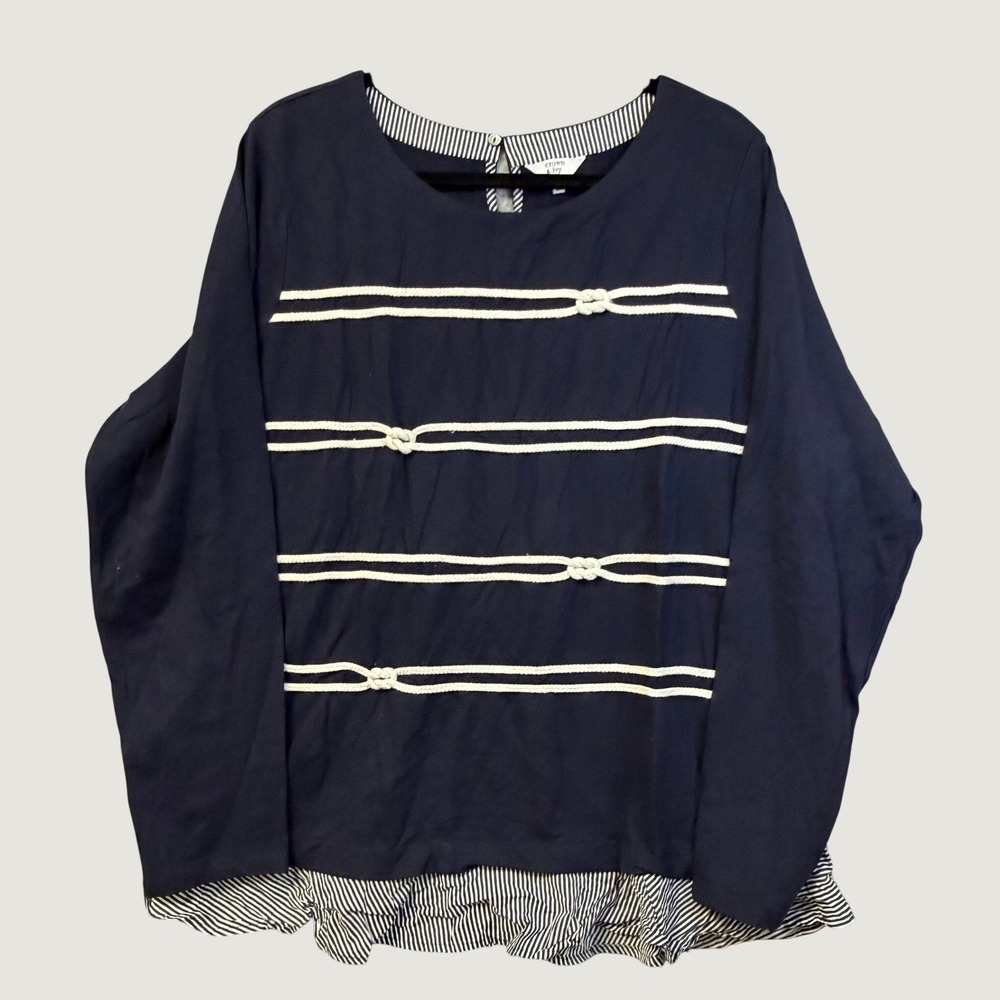 Crown & Ivy Woman 2X Navy Blue Nautical Rope Knot Striped Ruffle Hem‎ Top NWT